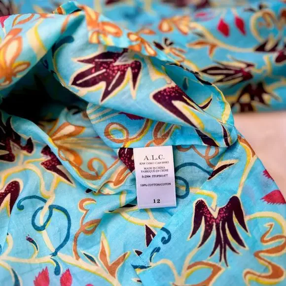 A.L.C. Capri Grotto Turquoise Blouse Aqua Floral Cotton Women’s 12 Boho Resort - Picture 12 of 16